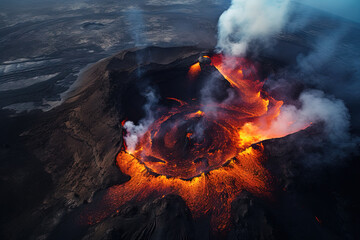 Volcano eruption from a bird view. Volcano crater and magma flow shot from above. Genertated AI.