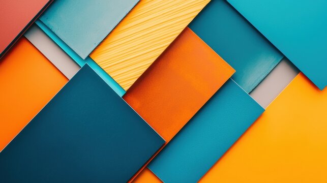 A vibrant abstract composition of overlapping geometric shapes in various colors.