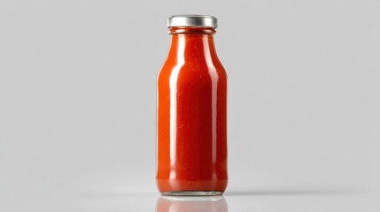 Red sauce in a clear glass bottle with a metal cap