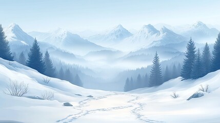 Fototapeta premium Winter Mountain Scenery with Snow Covered Path and Evergreen Trees