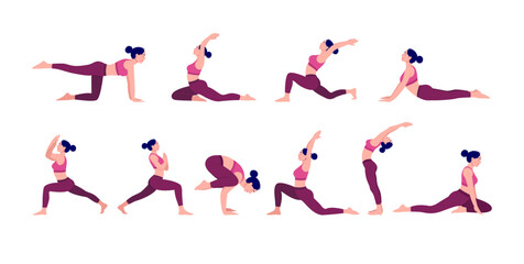 Yoga Workout Set. Young woman practicing Yoga poses. Woman workout fitness, aerobic and exercises.