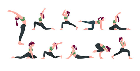 Yoga Workout Set. Young woman practicing Yoga poses. Woman workout fitness, aerobic and exercises.