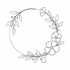 Hand drawn botanical round borders and wreaths with branches, leaves and flowers in line art.