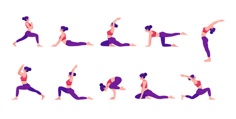 Yoga Workout Set. Young woman practicing Yoga poses. Woman workout fitness, aerobic and exercises.