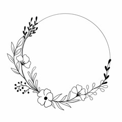 Hand drawn botanical round borders and wreaths with branches, leaves and flowers in line art.