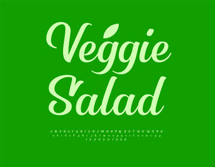 Vector Fresh template Veggie Salad. Beautiful Cursive Font. Green Calligraphic Alphabet Letters and Numbers set.