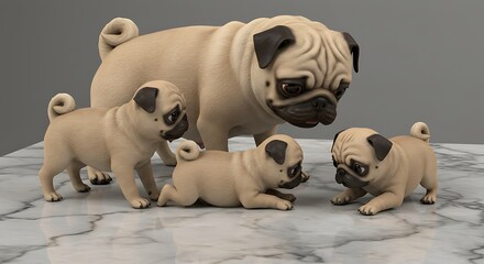 Obraz premium Pug Family: 3D Render, Tender Moment, Realistic Textures