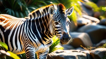Majestic Zebra in Lush Green Environment with Sunlight Filtering Through Tropical Leaves and Smooth Stones in Beautiful Wildlife Setting