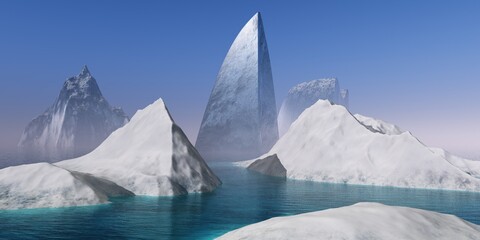 Glaciers in the ocean, icebergs in the sea, northern landscape, 3d rendering