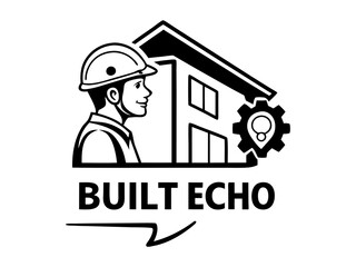 Building and Design Concept: A bold monochrome illustration of a construction worker alongside a stylized building, a cogwheel, and geo-location pin, perfectly embodies the built environment, design.