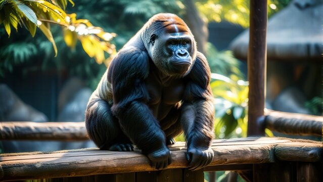 Majestic Gorilla Resting on Wooden Fence in Tropical Habitat Surrounded by Lush Greenery and Soft Morning Light