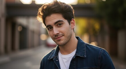 Obraz premium Young man smiling in urban street during golden hour with blurred background
