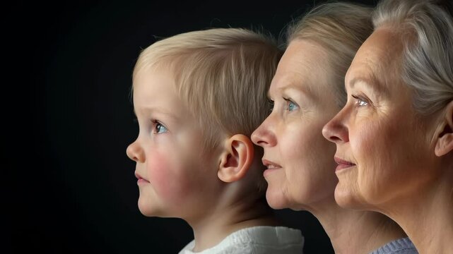 Aging journey of a woman, portraying the natural shifts in her face, symbolizing the passage of time and the evolution of identity, reflecting the wisdom and grace gained through the stages of life.