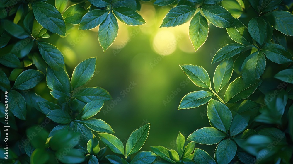 Poster lush green leaves frame a soft, glowing bokeh background beautifully. it is perfect for nature-theme