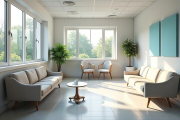 Modern, bright doctor's surgery waiting area with comfortable seating and natural light , clean, space