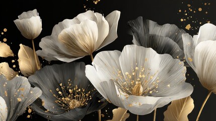 Elegant black and white floral design with gold accents