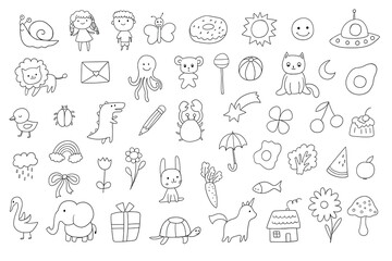 Hand drawn childish funny simple vector illustrations. Flower, heart, cloud children draw style design