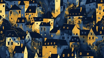 A stylized, textured cityscape view, with houses in various shades of blue and gold, creating a unique visual pattern
