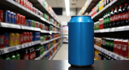 Unbranded Blue Soda Can on Supermarket Shelf