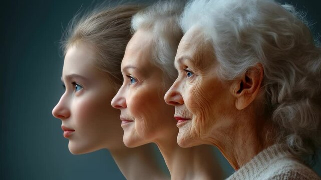 Aging journey of a woman face, reflecting the passage of time, showcasing visual transformations, from youth to maturity, highlighting natural evolution of beauty and wisdom throughout life stages.