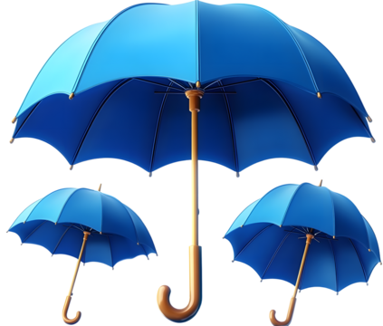 set of blue umbrella 3d icon illustration transparent background - Powered by Adobe
