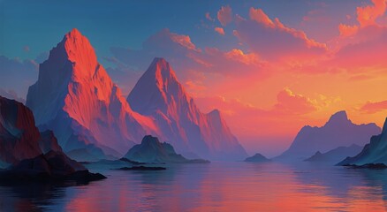 Majestic Mountains at Sunset Reflecting in Calm Waters in a Serene Landscape