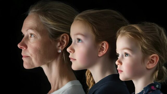 A woman aging process depicted through facial changes, emphasizing beauty of each stage, from youth to older years, capturing the grace and strength that evolve with time, marking a life journey.