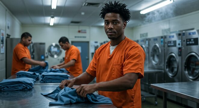 Inmates folding clean laundry in prison laundry room
