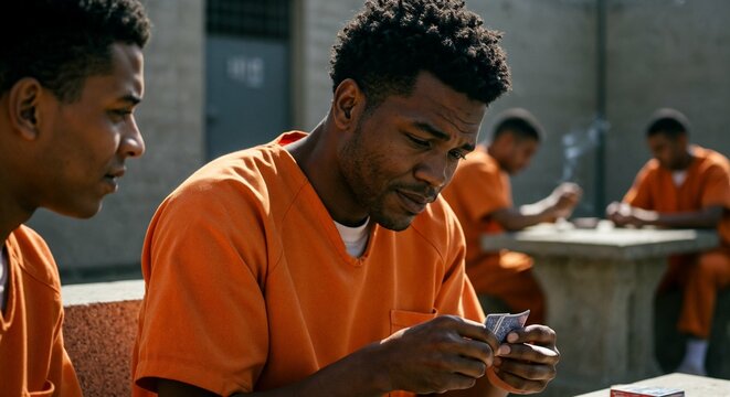 Inmates playing cards in prison yard during recreation time