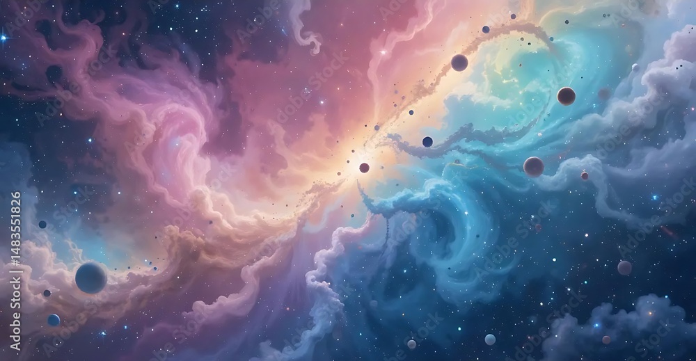 Poster dreamy galaxy nebula with swirling clouds and distant planets creating a cosmic fantasy landscape fo
