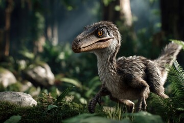 Fototapeta premium A Velociraptor prowling through dense prehistoric foliage