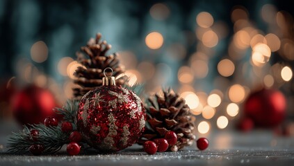 Elegant Christmas Decorations Featuring Ornaments and Pinecones on a Festive Background