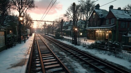 Fototapeta premium Winter train station sunrise