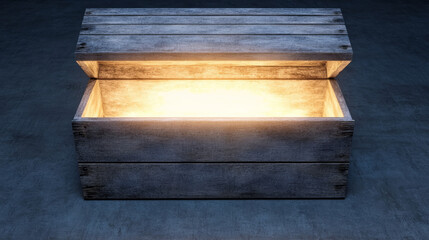 Glowing wooden box emits warm light, creating mysterious and magical atmosphere