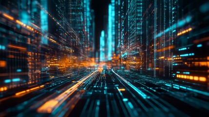 Obraz premium A futuristic cityscape, rendered in vibrant blues and oranges, with a sense of speed and movement, evoking the feeling of technological advancement and digital transformation.
