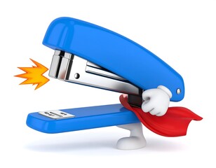Blue Stapler Superhero Character With Red Cape And Yellow Burst on White Background