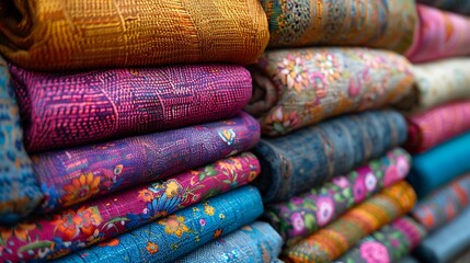 Vibrant textile fabrics stacked high showcasing rich colors and intricate patterns ideal for fashion design textile art and home decor projects