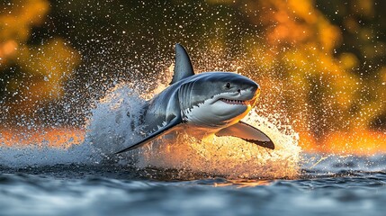 Fototapeta premium Great white shark leaping out of water at sunset