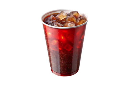 Red paper cup with ice cold cola isolated on transparent background