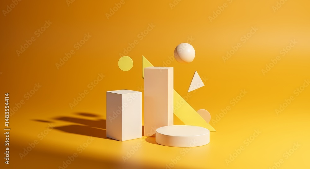 Poster geometric shapes arranged on a yellow surface for product display and presentation