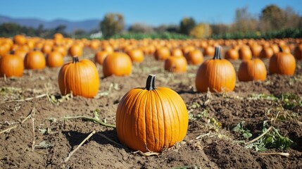 A pumpkin field on a sunny autumn day.