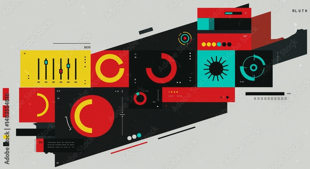 Poster abstract graphic elements and data visualization charts in red yellow turquoise and black on a textu