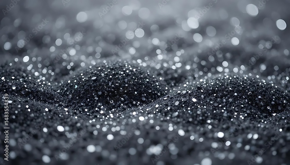 Poster gleaming black sand texture shimmering with light reflecting off tiny particles, creating a mesmeriz