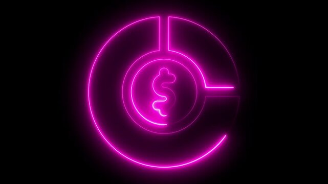 Neon line pie chart and bar business graphs on a dark background with dollar icon. growth trends and data analysis Growing line chart graph - business development competition concept animation. 