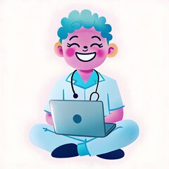 Cheerful doctor character working on a laptop.