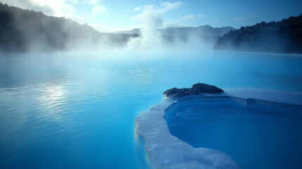 Fototapeta premium The Blue Lagoon in Iceland steams with geothermal water in a scenic spa setting