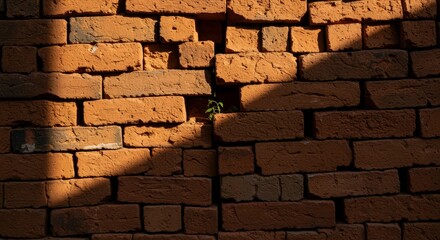 Close up of a red brick wall with a small plant growing in the gap and sunlight casting shadows