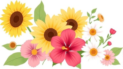 Obraz premium Pastel sunflowers, hibiscus, daisies in summer bloom, side view