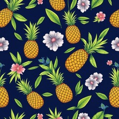 Dark Blue Floral Pineapple Pattern with Bright Green Leaves