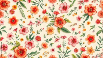 Floral pattern, Bright flowers & foliage on light beige ground